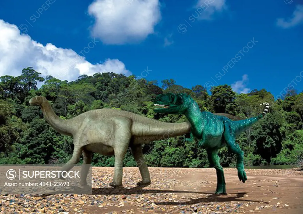 yangchuanosaurus & shunosaurus digital composite of an adult male yangchuanosaurus, a large carnivorous saurischian theropod from the mid-jurassic period, attacking a shunosaurus, a sauropod plant-eating dinosaur from the same time frame, in what is to