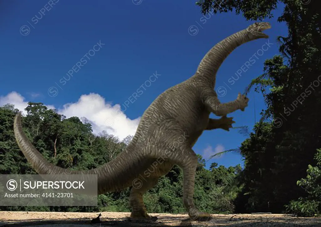plateosaurus a common saurischian plant-eating dinosaur from the late triassic period, rising on its hind legs to feed on leaves in what is today europe.