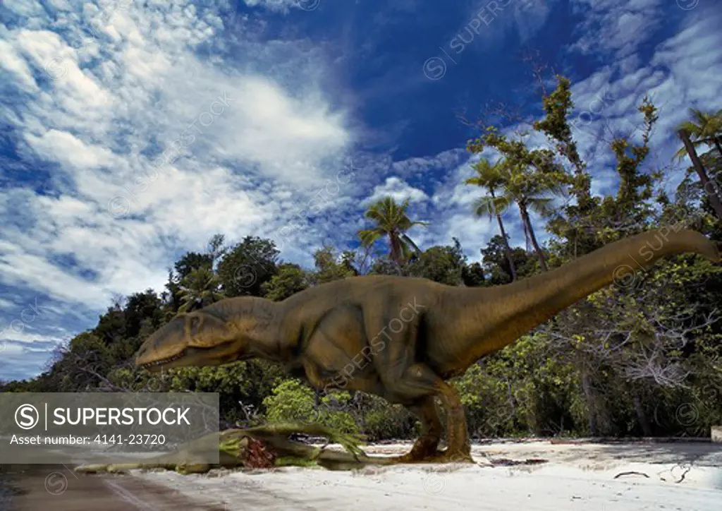digital composite of carcharodontosaurus saharicus, a gigantic meat-eating carnosaur from the cretaceous period from what is today the sahara desert. 