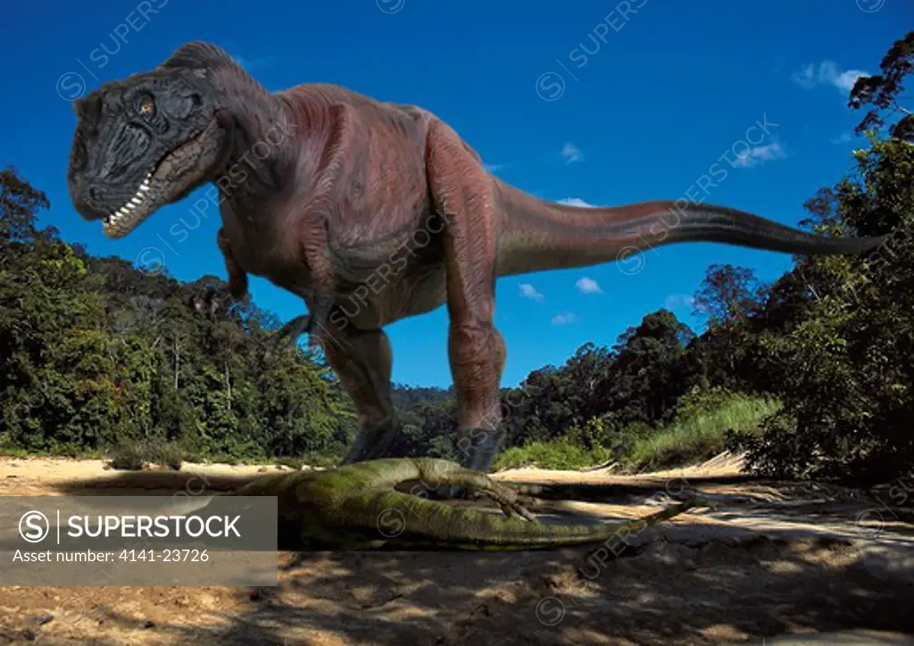 digital composite of giganotosaurus carolinii, a huge meat-eating theropod from the mid-cretaceous period from what is today patagonia in argentina.