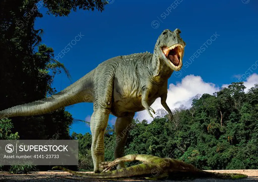 digital composite of an adult male tyrannosaurus rex, a 12.5 meter-long carnivorous theropod dinosaur from the late cretaceous period, towering above it fallen prey on a sandbank in what is today western north america.