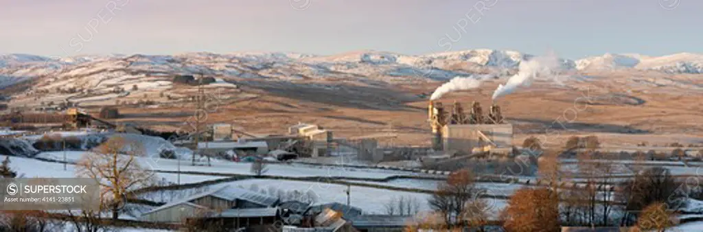 cemex cement works and limestone crushing plant with lowther valley and eastern lake district behind. shap fell, cumbria, uk. winter (january)