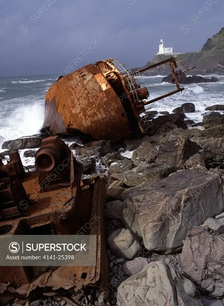 shipwreck & lighthouse hartland point devon, england 