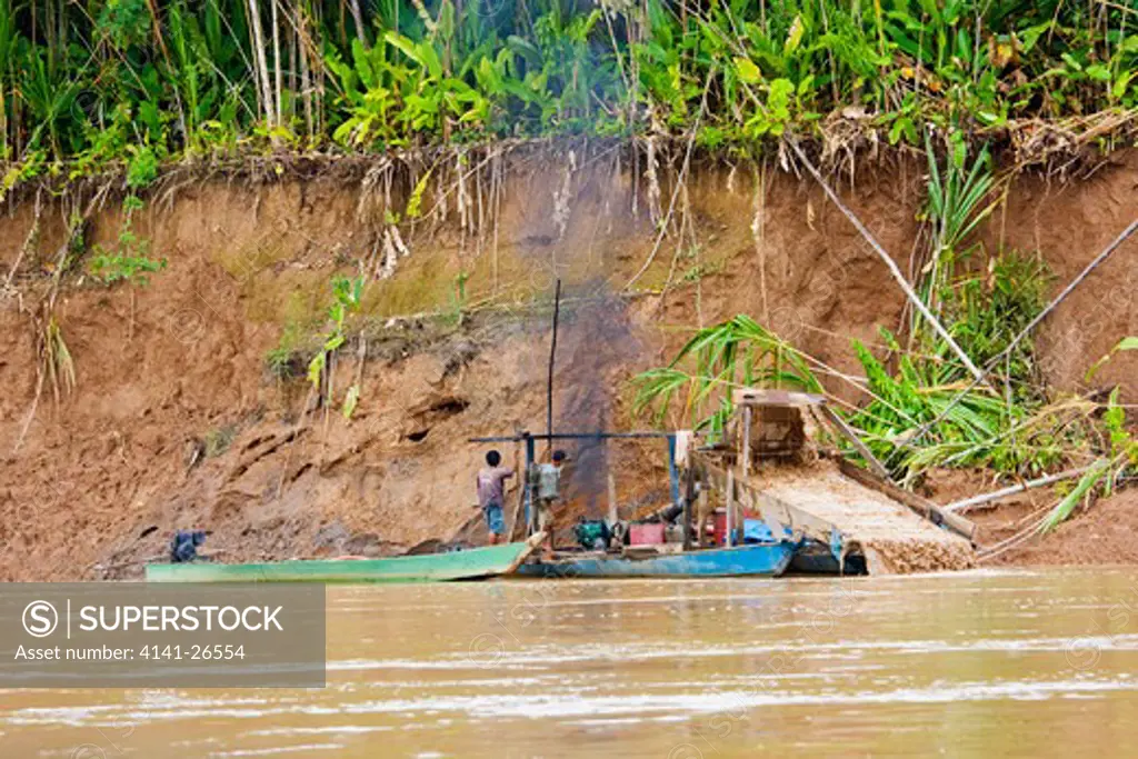 gold mining creating river polution, madre de dios river, peru - south america 