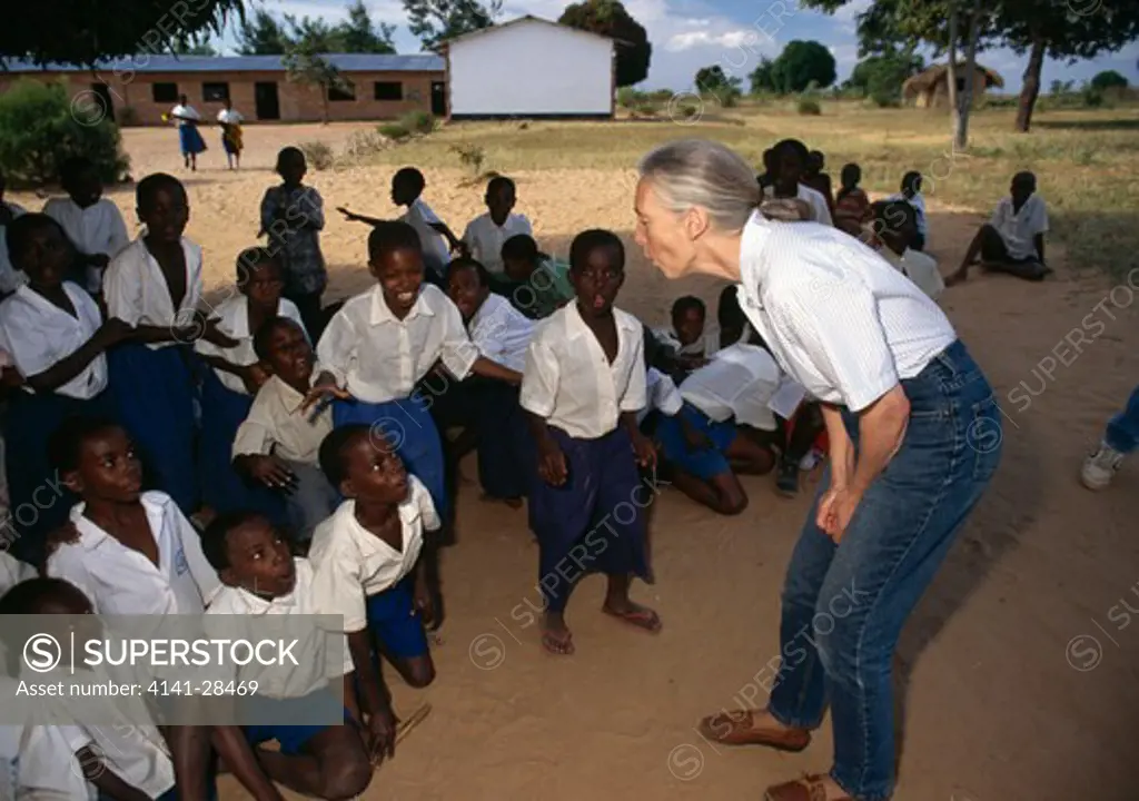dr. jane goodall teaching african school children chimp language. kitwe point sanctuary kigoma tanzania