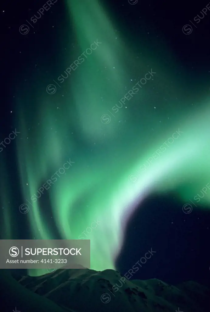 aurora borealis or northern lights over snow-covered talkeetna mountains hatcher pass area, alaska, usa