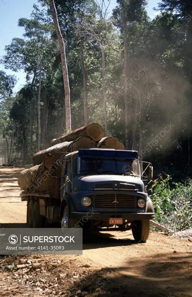 transporting felled hardwoods from logging camp in rainforest sinop, mato grosso, brazil 