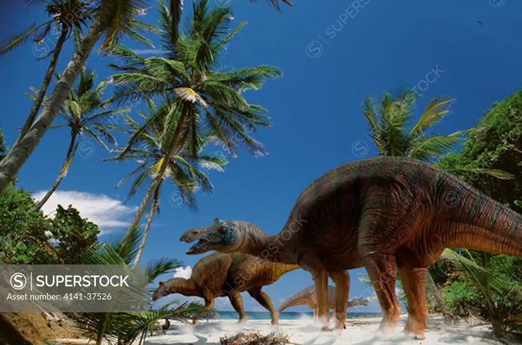 digital composite of a herd of maisaura peeblesaurum, a large duck-billed hadrosaurid dinosaur from the late cretaceous period, foraging on a beach in what is today the state of montana in the usa. date: 18.11.2008 ref: zb377_124722_0034 compulsory credit: nhpa/photoshot