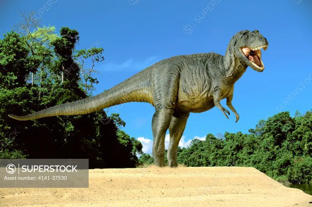 digital composite of an adult male tyrannosaurus rex, a 12.5 meter-long carnivorous theropod dinosaur from the late cretaceous period, towering on a sandbank in what is today western north america. date: 18.11.2008 ref: zb377_124722_0038 compulsory credit: nhpa/photoshot