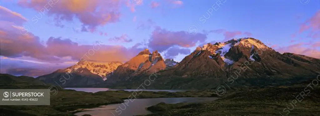 cumbres, torres and cuernos del paine in the paine mountains during sunrise with lago nordenskjoeld, patagonia, chile america, south america, chile, patagonia, february 2003