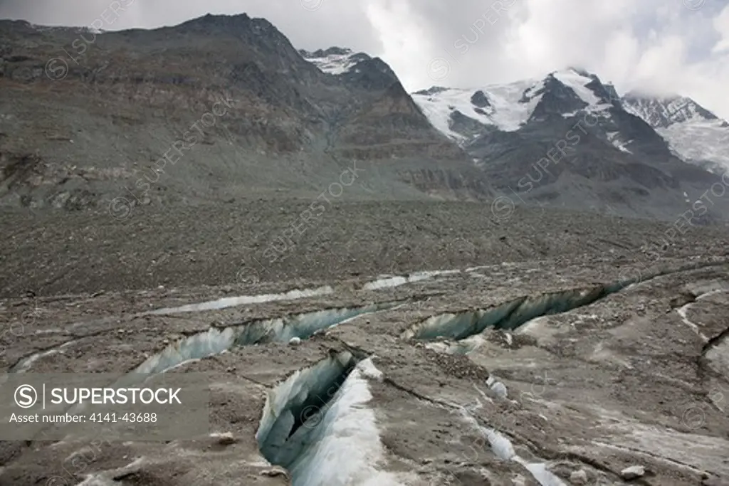 radial crevasses of the glacier pasterze near grossglockner. the radial crevasse are the first signs of the collapsing of another glacier area and the forming of new dead ice europe, central europe, austria, october 2009