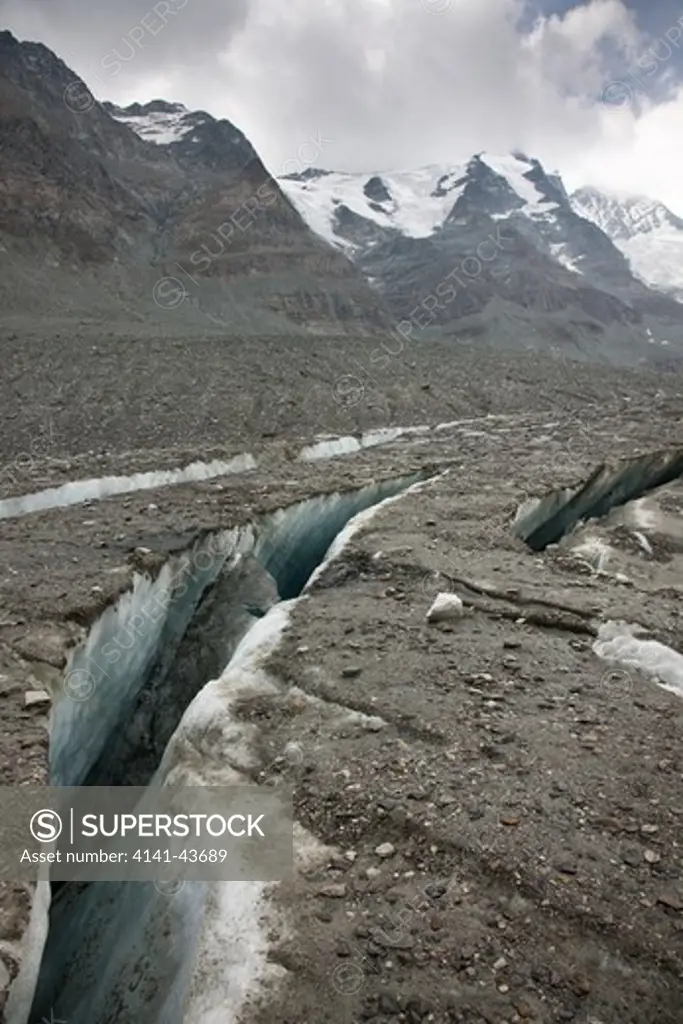 radial crevasses of the glacier pasterze near grossglockner. the radial crevasse are the first signs of the collapsing of another glacier area and the forming of new dead ice europe, central europe, austria, october 2009
