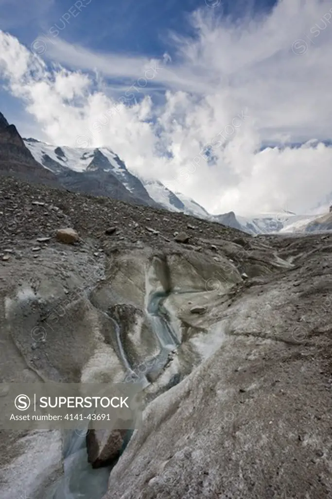 meltwater channel and creek on the surface of glacier pasterze near grossglockner. meltwater and rain water form a drainage pattern on the surface of the glacier. europe, central europe, austria, october 2009
