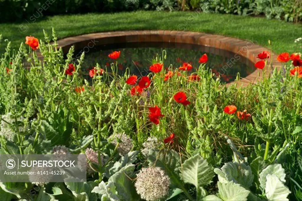 a formal circular brick-edged pond with a border of wld poppies at the 2008 chelsea rhs show, london, uk. date: 10.10.2008 ref: zb898_121950_0029 compulsory credit: photos horticultural/photoshot 