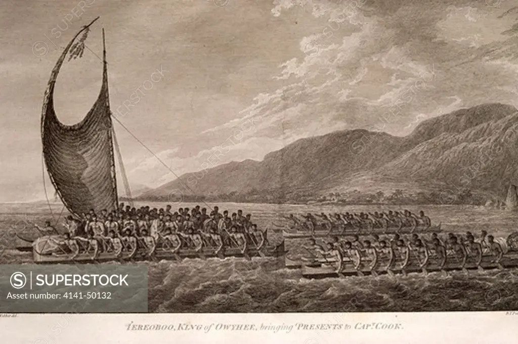 canoes & rowers, king of hawaii bringing presents to, captain cook bookplate from james, cook's voyages published in 1785 