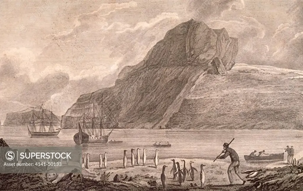 james cook's voyages, christmas harbour in kerguelen's, land . illustration from book, published in 1785 