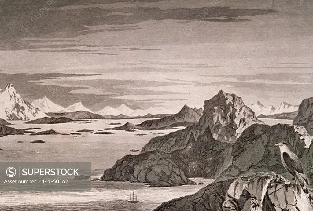 endeavour in christmas sound, tierra del fuego, south america, line engraved plate from òvoyages of, captain j.cookó published in 1777 