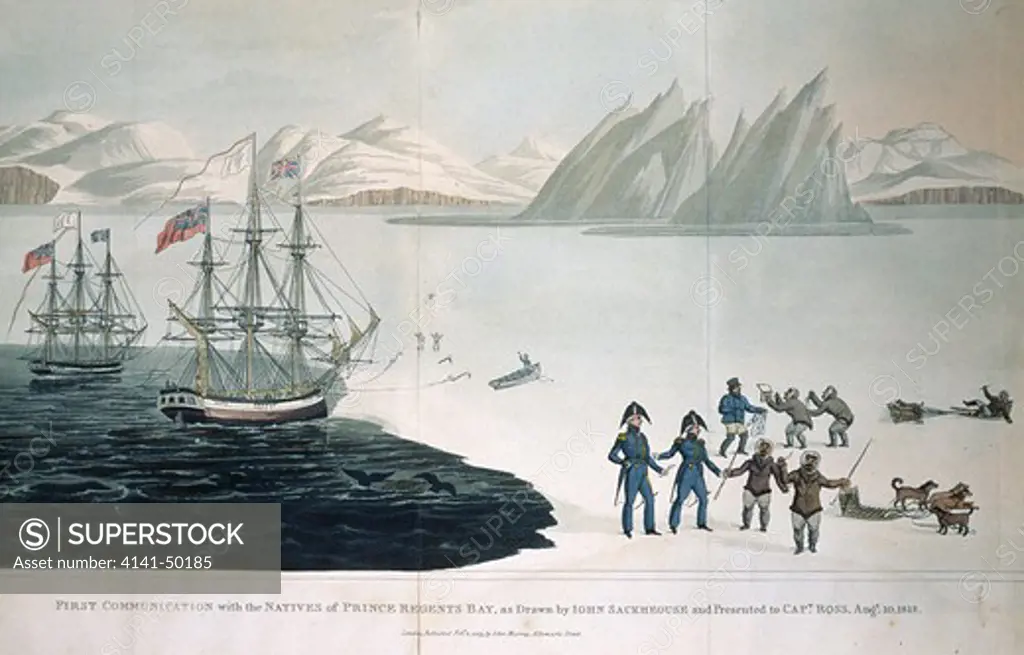 explorers first meet natives, crews of hms òisabella & òalexanderó, with capt.john ross rn 10 august 1818, prince regent's bay, baffin bay 