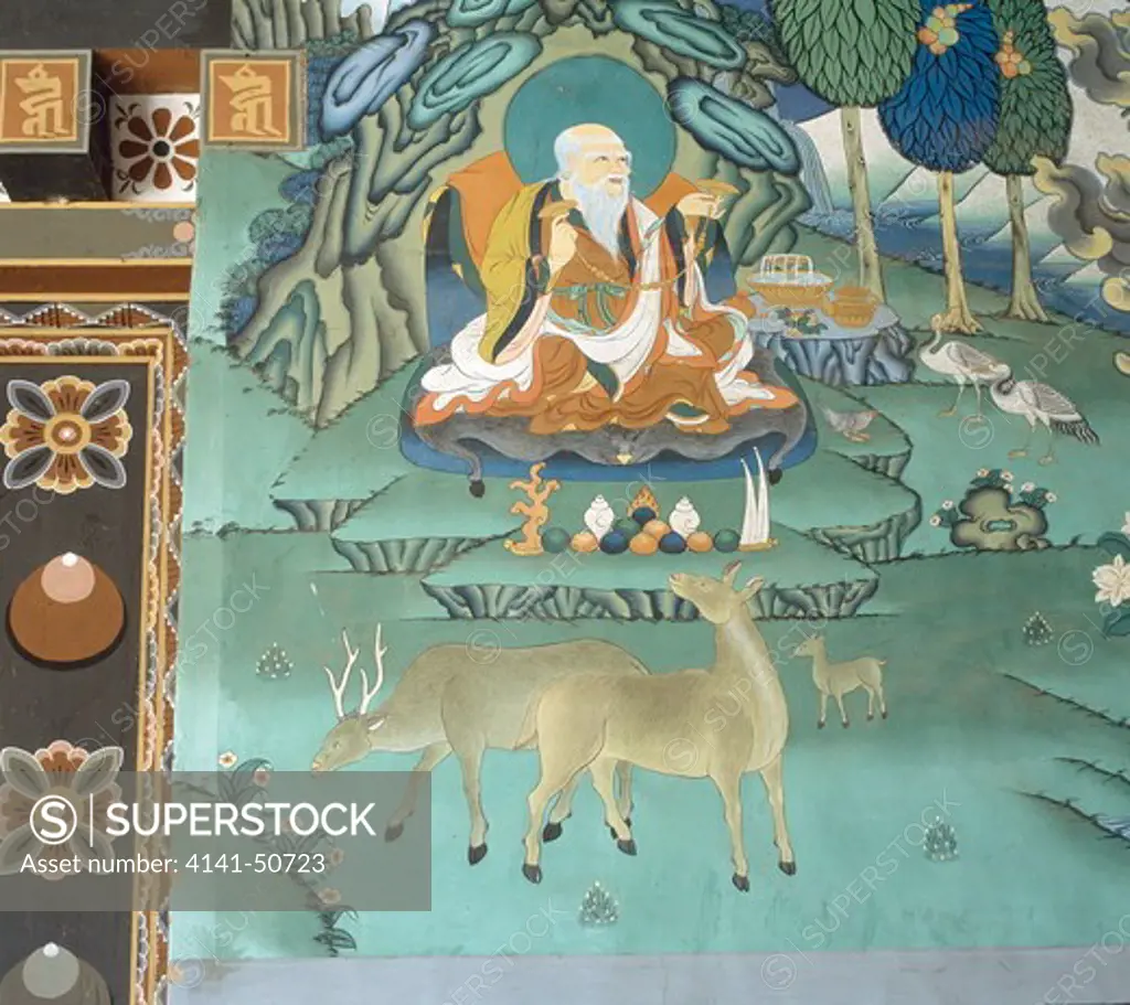 wall fresco:the 'six signs of longevity' at the entrance to trongsa dzong, central bhutan.