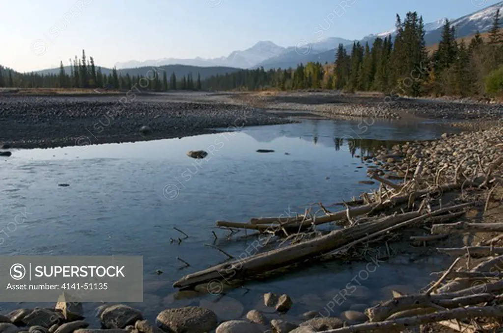 Athabasca River.  Jasper National Park.  Alberta. Canada.  Mount Edith Cavell In Distance.