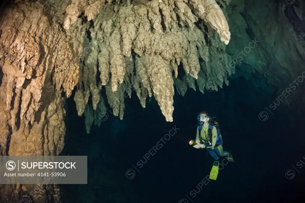 Diver In Chandelier Dripstone Cave, Micronesia, Palau