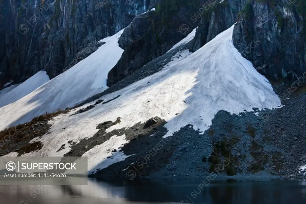 Remnant Snow Below Couloir On The Face Of Mount Index, Viewed From Lake Serene, Mt. Baker-Snoqualmie National Forest, Cascade Mountains, Washington State, Usa, June, Lake_Serene-14