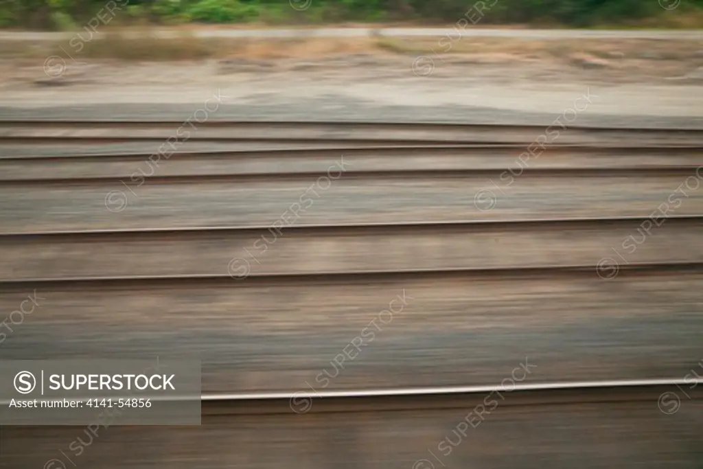 Railroad Tracks Through The Cascade Mountains Of Washington State, Viewed From The Amtrak Empire Builder, With Foreground Motion Blur Due To The Moving Train, Usa, Empire_Builder-440