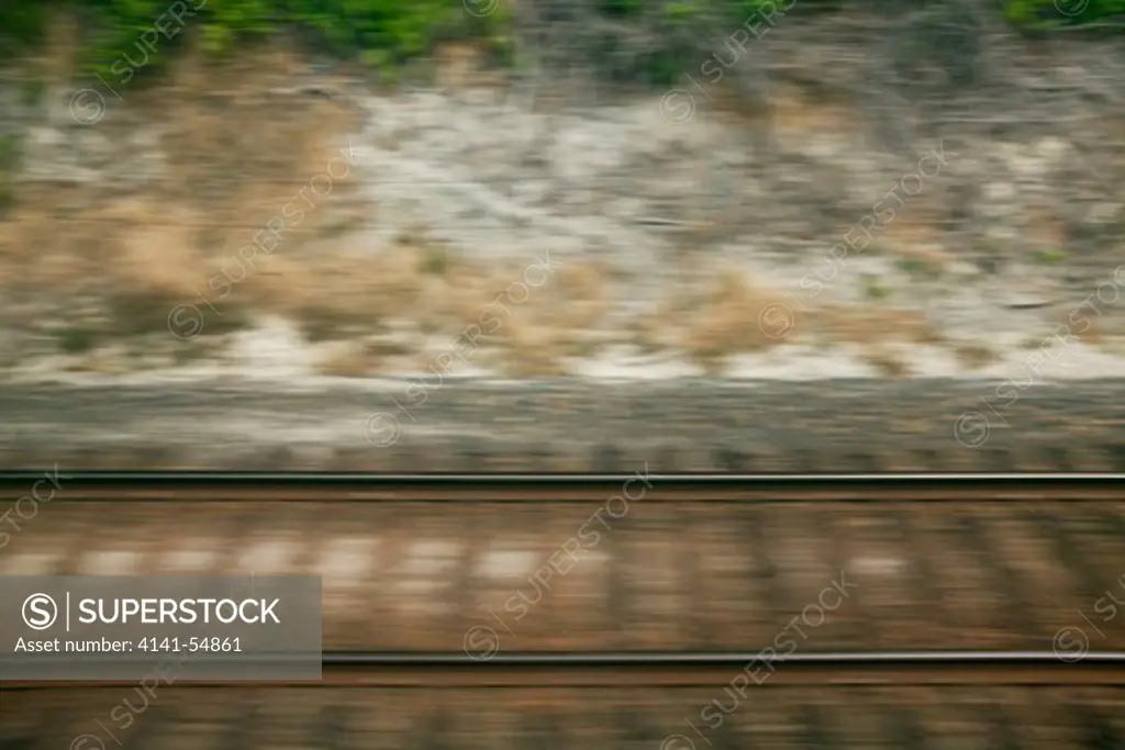 Railroad Tracks Near Seattle In Washington State, Viewed From The Amtrak Empire Builder, With Foreground Motion Blur Due To The Moving Train, Usa, Empire_Builder-465