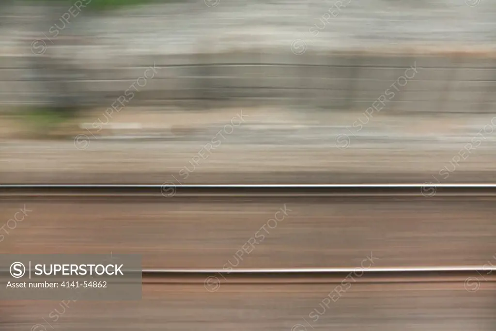 Railroad Tracks Near Seattle In Washington State, Viewed From The Amtrak Empire Builder, With Foreground Motion Blur Due To The Moving Train, Usa, Empire_Builder-466