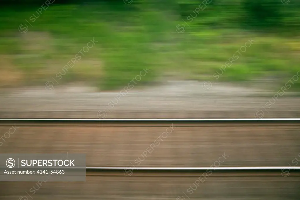 Railroad Tracks Near Seattle In Washington State, Viewed From The Amtrak Empire Builder, With Foreground Motion Blur Due To The Moving Train, Usa, Empire_Builder-468