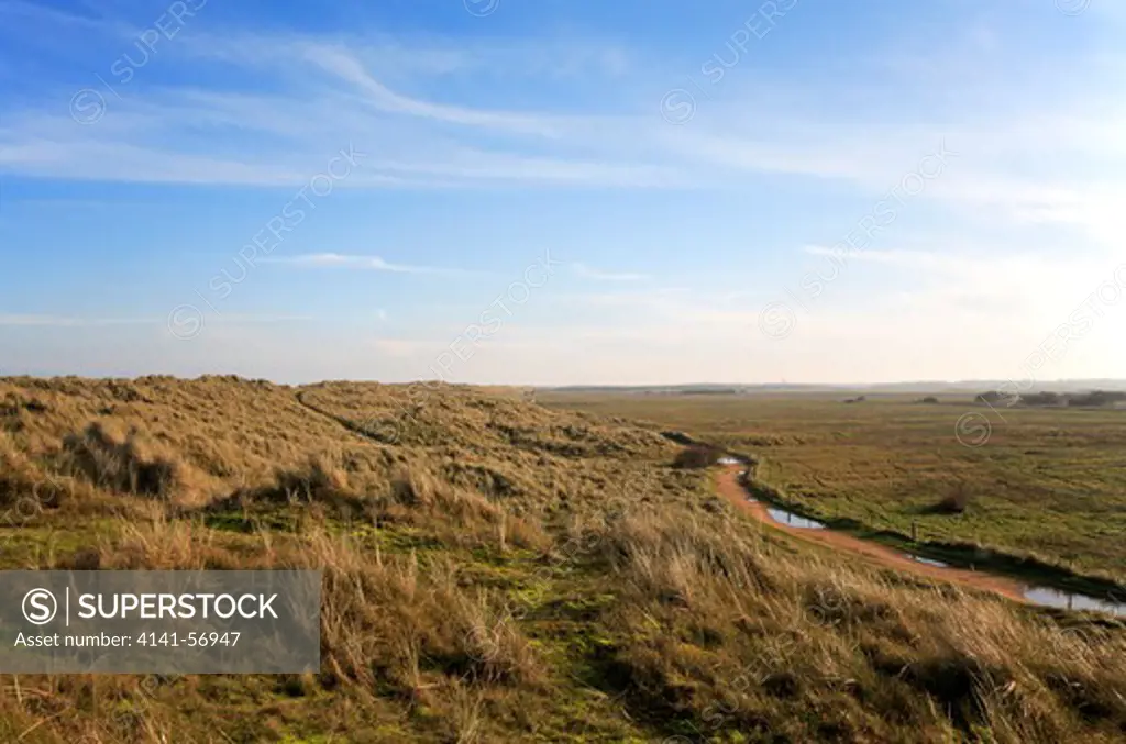 Fresh Grazing Marshes On The Landward Side Of Sand Dunes At Horsey Norfolk England United Kingdom