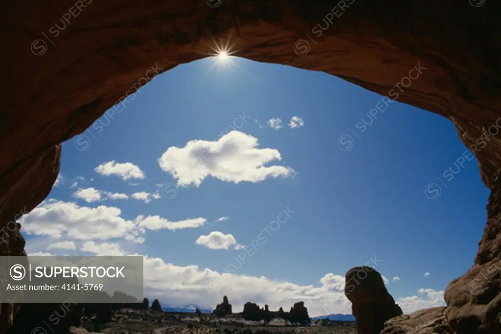 arches national park view from underneath double arch. utah, usa