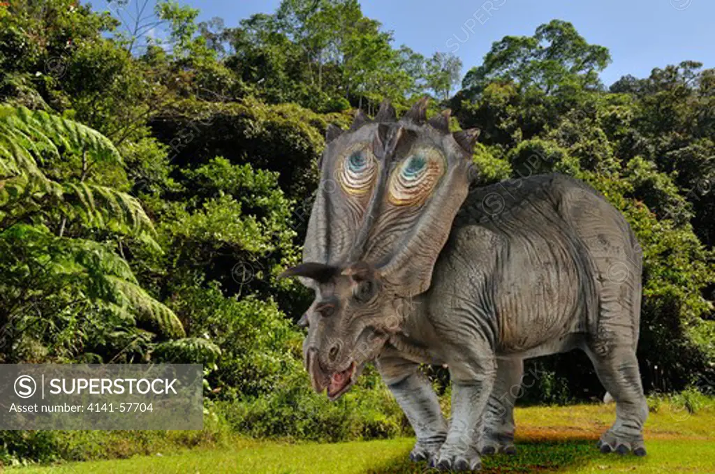 Digital Composite Of A Male Anchiceratops Ornatus, A Large Three-Horned Ceratopsid Dinosaur From The Late Cretaceous, Ambling By A Forest In What Is Today The State Of Alberta In Canada.