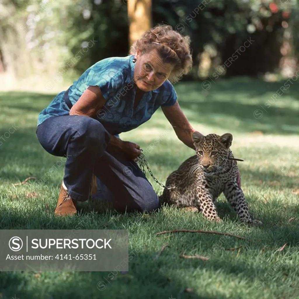 Joy Adamson In 1976 With Her Leopard 'Penny' Which She Was Preparing To Re-Habiltate Into The Wilds. At Her Home By Lake Naivasha, Kenya.