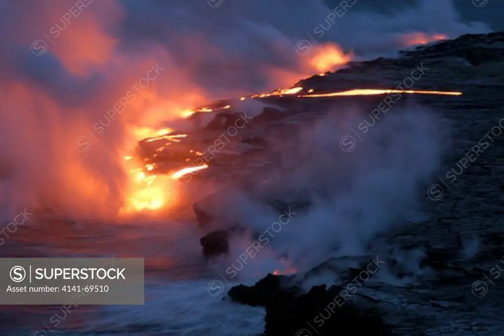 Lava flowing into the Pacific Ocean,  Volcanoes National Park,  Big Island, Hawaii
