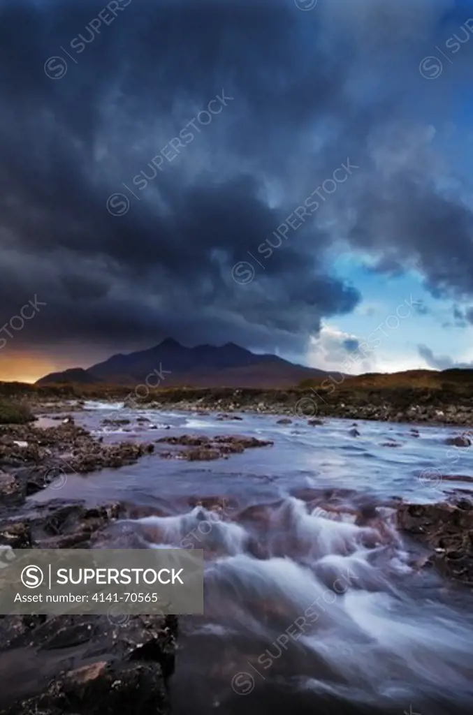 A Rainstorm is coming in over the Cuillin Mountains on the Isle of Skye, Scotland