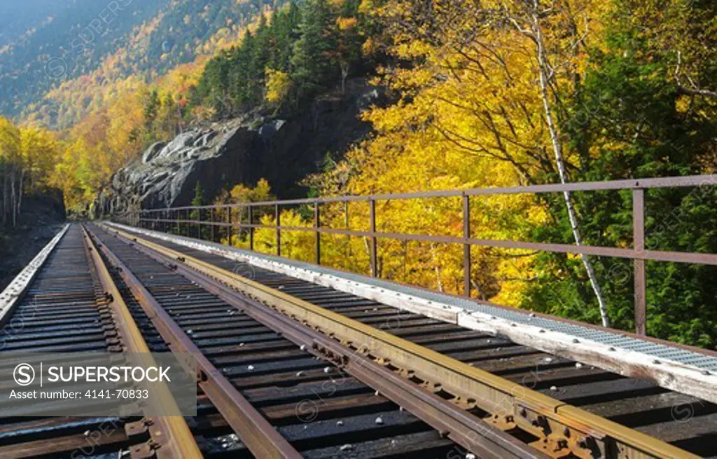 Crawford Notch State Park - Willey Brook Trestle along the old Maine Central Railroad in the White Mountains, New Hampshire USA during the autumn months. This railroad is now used by the Conway Scenic Railroad
