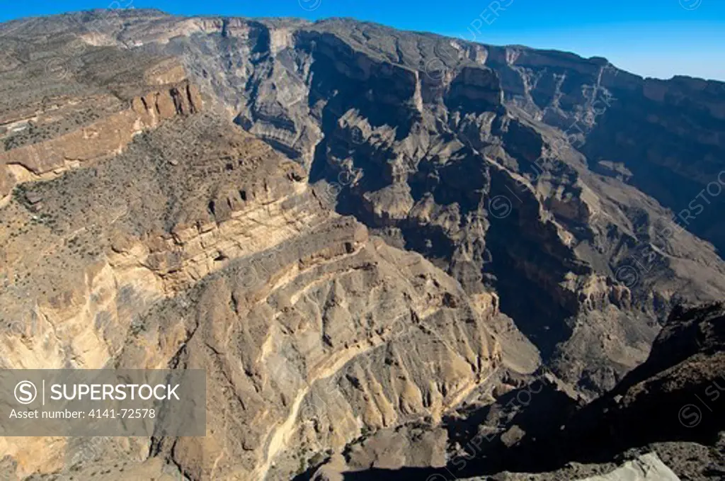 View from the visitors platform at Mt Jebel Shams into the Grand Canyon of Oman, Al Hajar Mountains, Sultanate of Oman