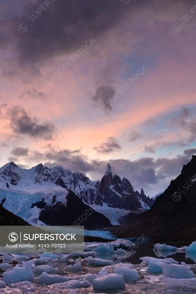 Cerro Torre is one of the mountains of the Southern Patagonian Ice Field in South America. The peak is the highest in a four mountain chain.