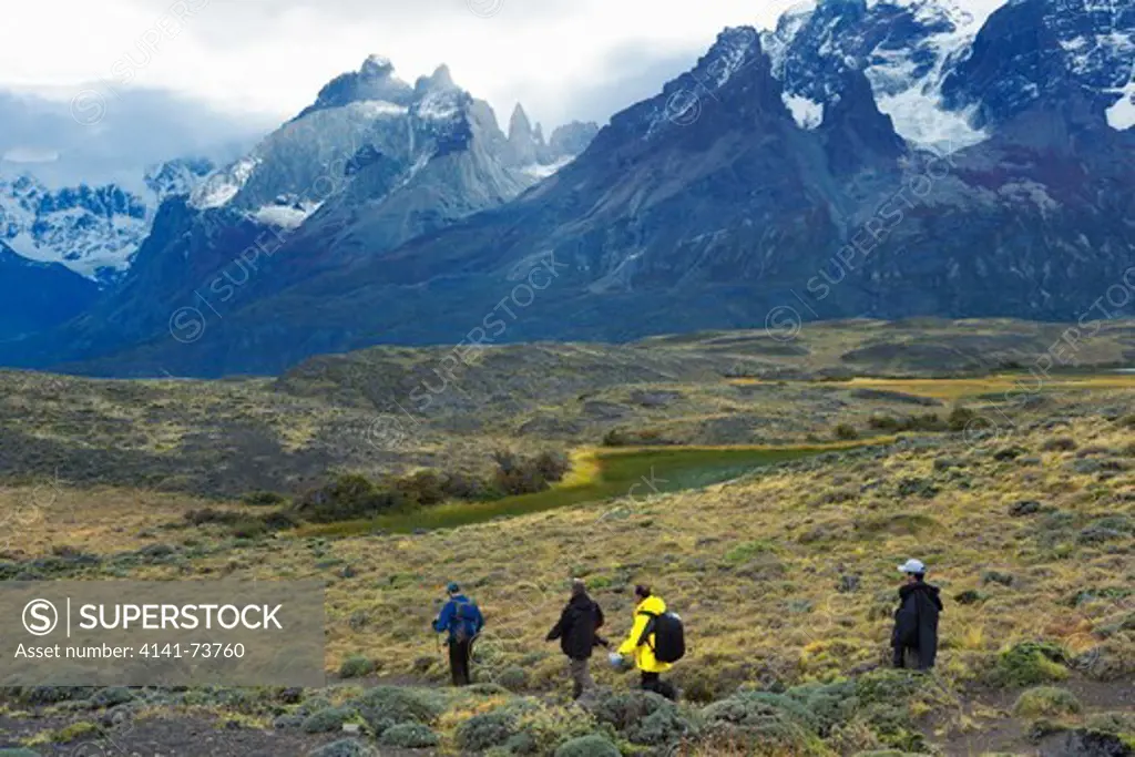 Tourists hiking in Torres del Paine National Park.Chile