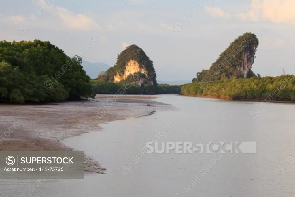 Limestone cliffs and mangroves. Krabi river. Krabi province. Thailand.