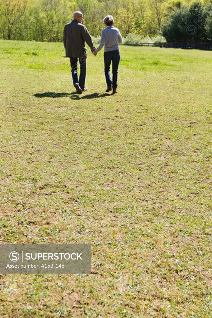 USA, Mature couple walking on meadow