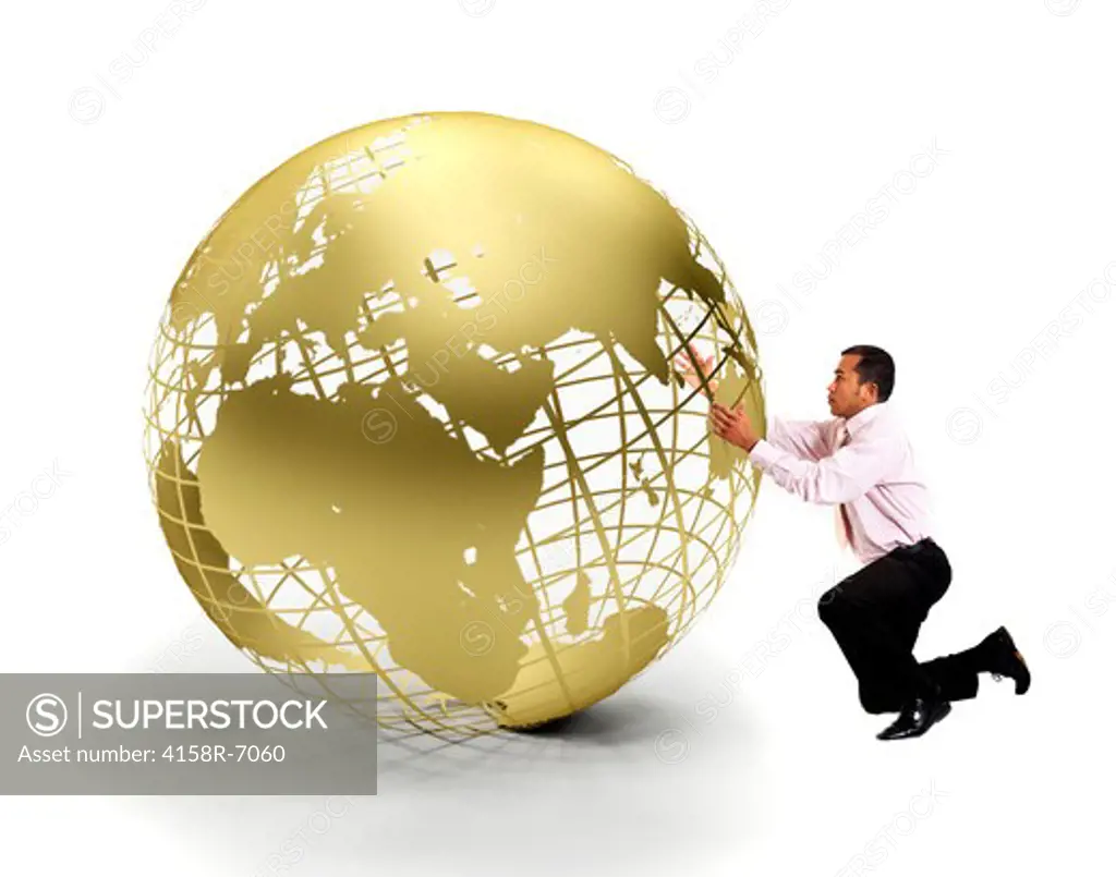 Business man holding a globe isolated over white