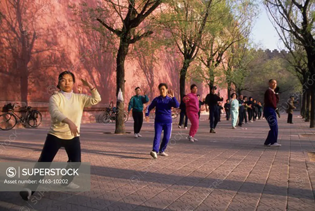 CHINA, BEIJING, PEOPLE DOING TAI CHI AT WALL OF FORBIDDEN CITY