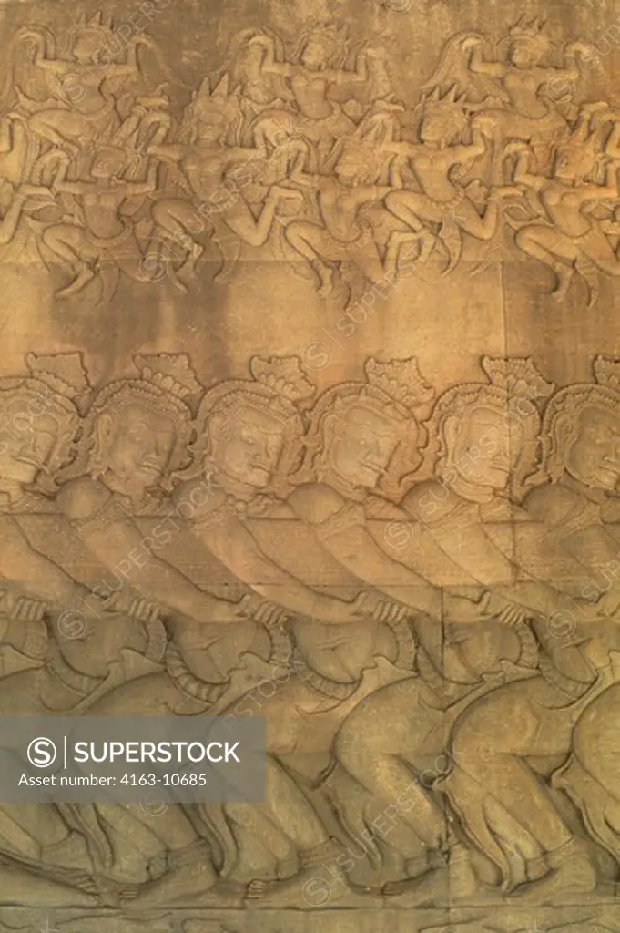 CAMBODIA, ANGKOR, ANGKOR WAT, EAST GALLERY, BAS-RELIEF SCENE OF THE CHURNING OF THE OCEAN OF MILK