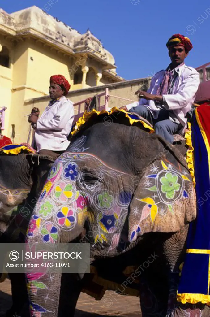 INDIA, RAJASTHAN, JAIPUR, AMBER FORT, PAINTED ELEPHANTS