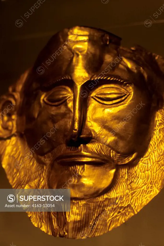 GREECE, ATHENS, NATIONAL ARCHEAOLOGICAL MUSEUM, GOLD MASK OF ACHAEAN KING, MYCENAE, 16TH C.BC