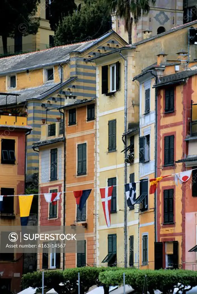 ITALY, PORTOFINO, COLORFUL HOUSES, NAUTICAL FLAGS