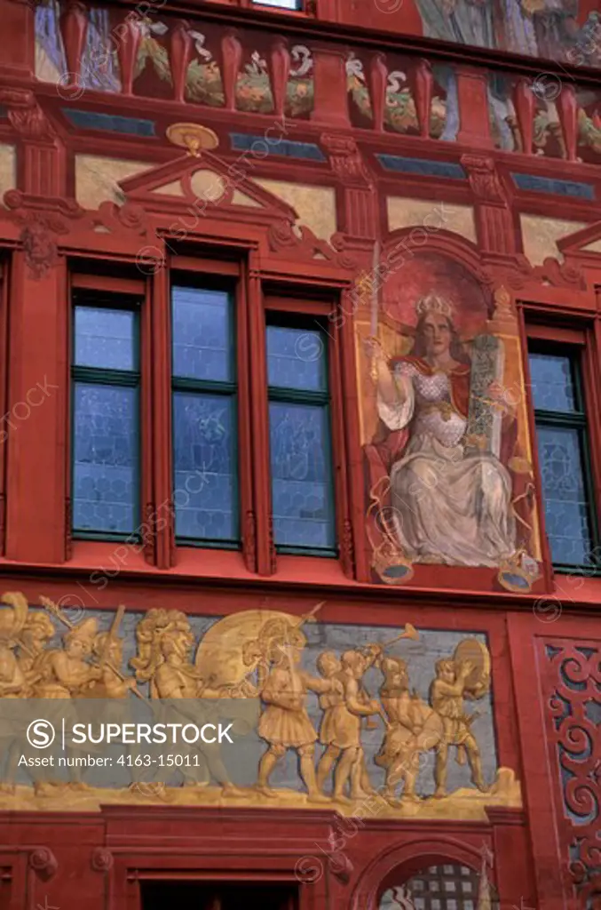 SWITZERLAND, BASEL, TOWN HALL, DETAIL OF PAINTED FACADE, WINDOWS