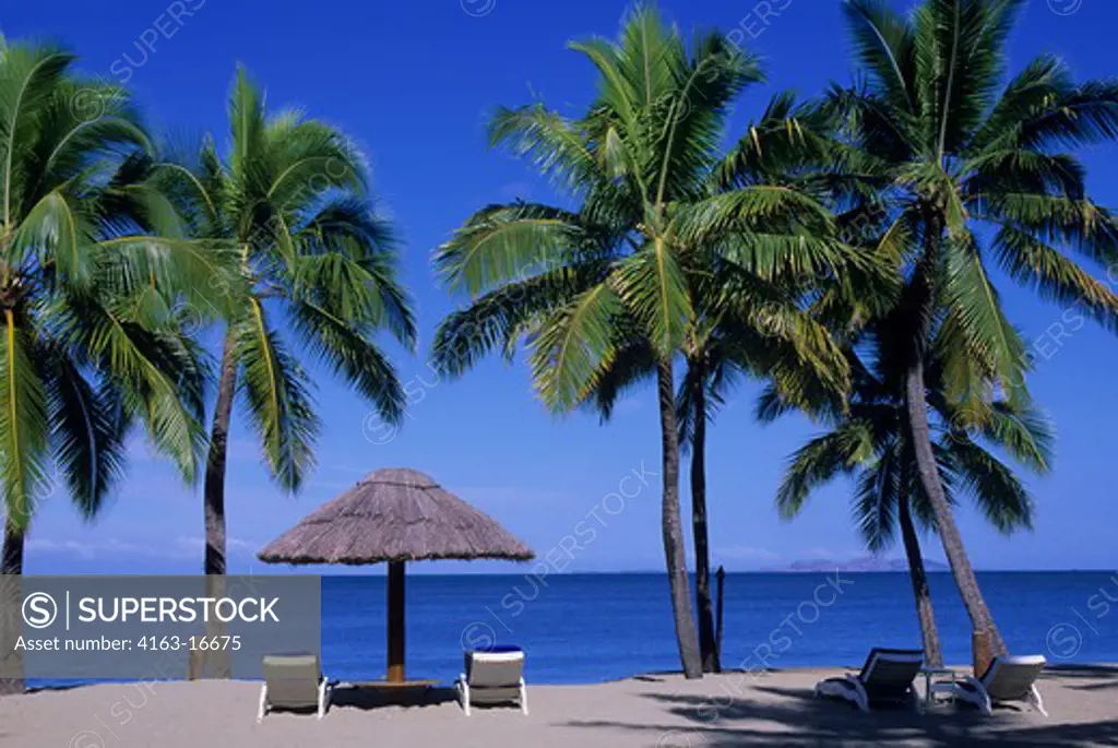  FIJI, VITI LEVU ISLAND, SHERATON DENARAU VILLAS HOTEL, BEACH, COCONUT PALM TREES WITH STRAW UMBRELLA